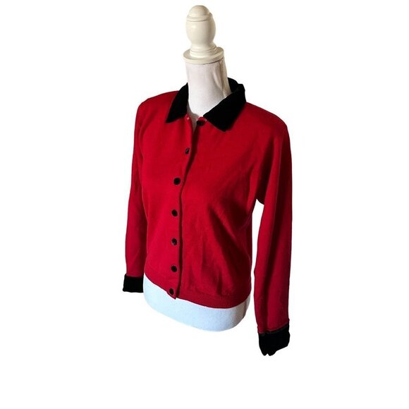 Vintage Valerie Stevens Red Sweater Cardigan Black Velvet Trim Merino Wool Sz M - Picture 4 of 11